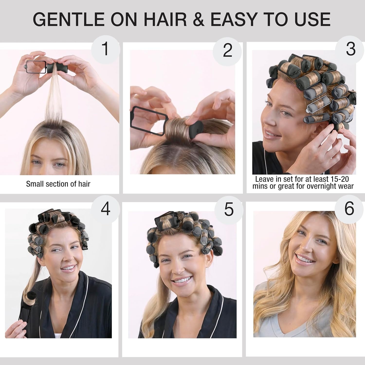 image:imageConair Foam Overnight Heatless Curls Hair Rollers Snapsshut overnight foam curlers for damagefree curls and volume Assorted Colors 48Count Model GR61118IN1L9Black Gray