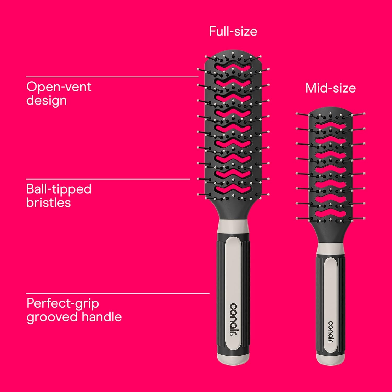 image:imageConair Grip amp Lift Vent Hairbrush FullSize and MidSize Brush Set Nylon Bristle Hair Brushes for Blowout Styling Value Pack Color May Vary