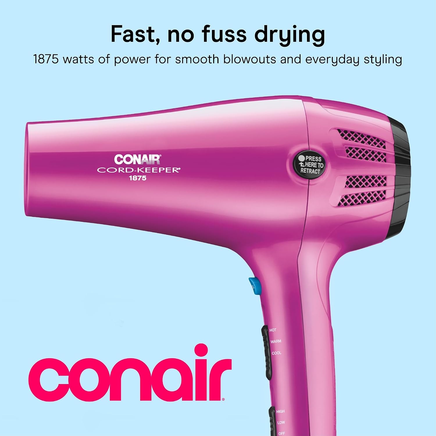 image:imageConair Hair Dryer with Retractable Cord 1875W Blow Dryer 3 Heat Settings 2 Speeds Blow Dryer with Diffuser and Concentrator Attachments Ionic Tourmaline Technology Matte Light PinkPink