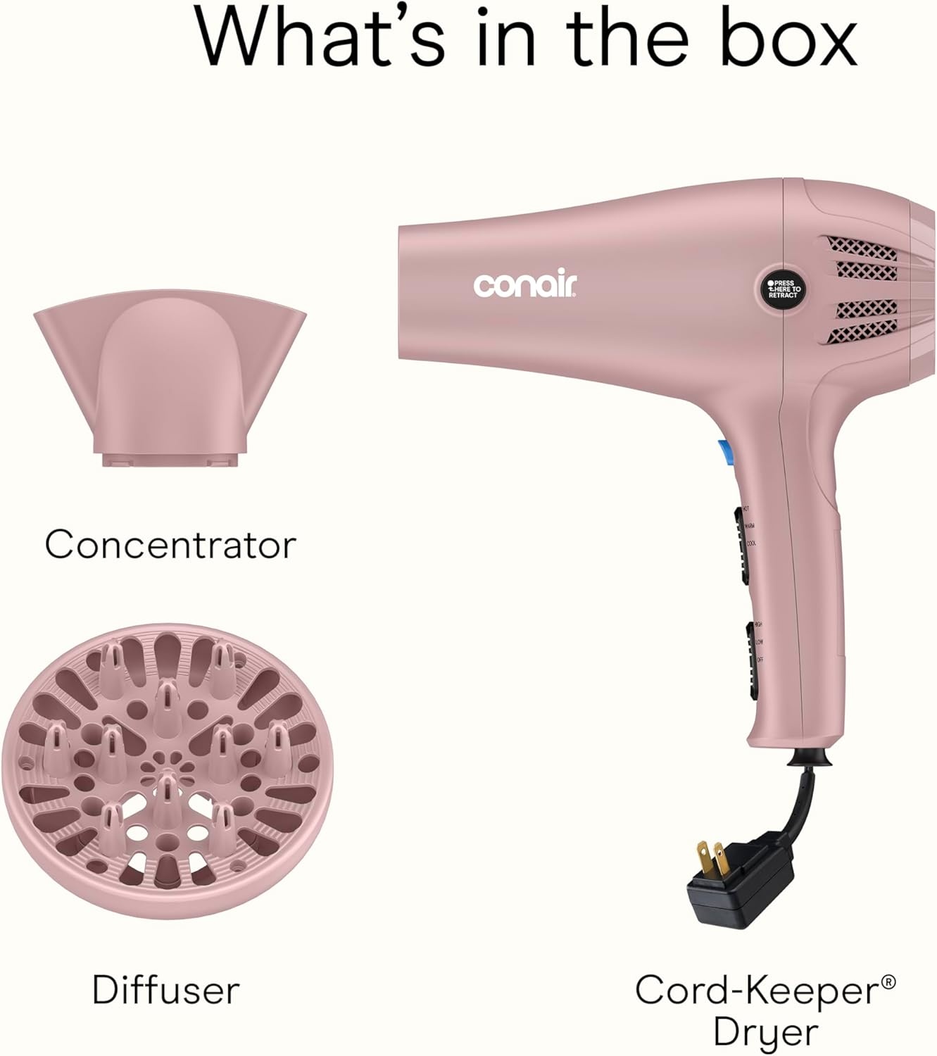 image:imageConair Hair Dryer with Retractable Cord 1875W Blow Dryer 3 Heat Settings 2 Speeds Blow Dryer with Diffuser and Concentrator Attachments Ionic Tourmaline Technology Matte Light PinkMatte Light Pink