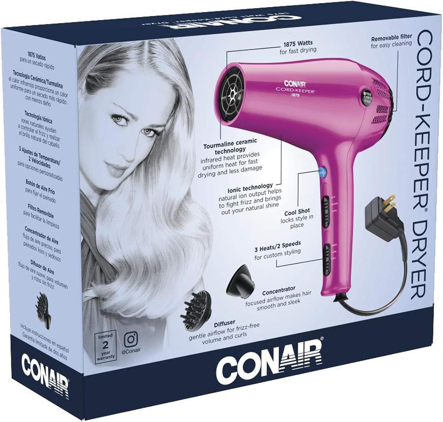 image:imageConair Hair Dryer with Retractable Cord 1875W Blow Dryer 3 Heat Settings 2 Speeds Blow Dryer with Diffuser and Concentrator Attachments Ionic Tourmaline Technology Matte Light PinkPink