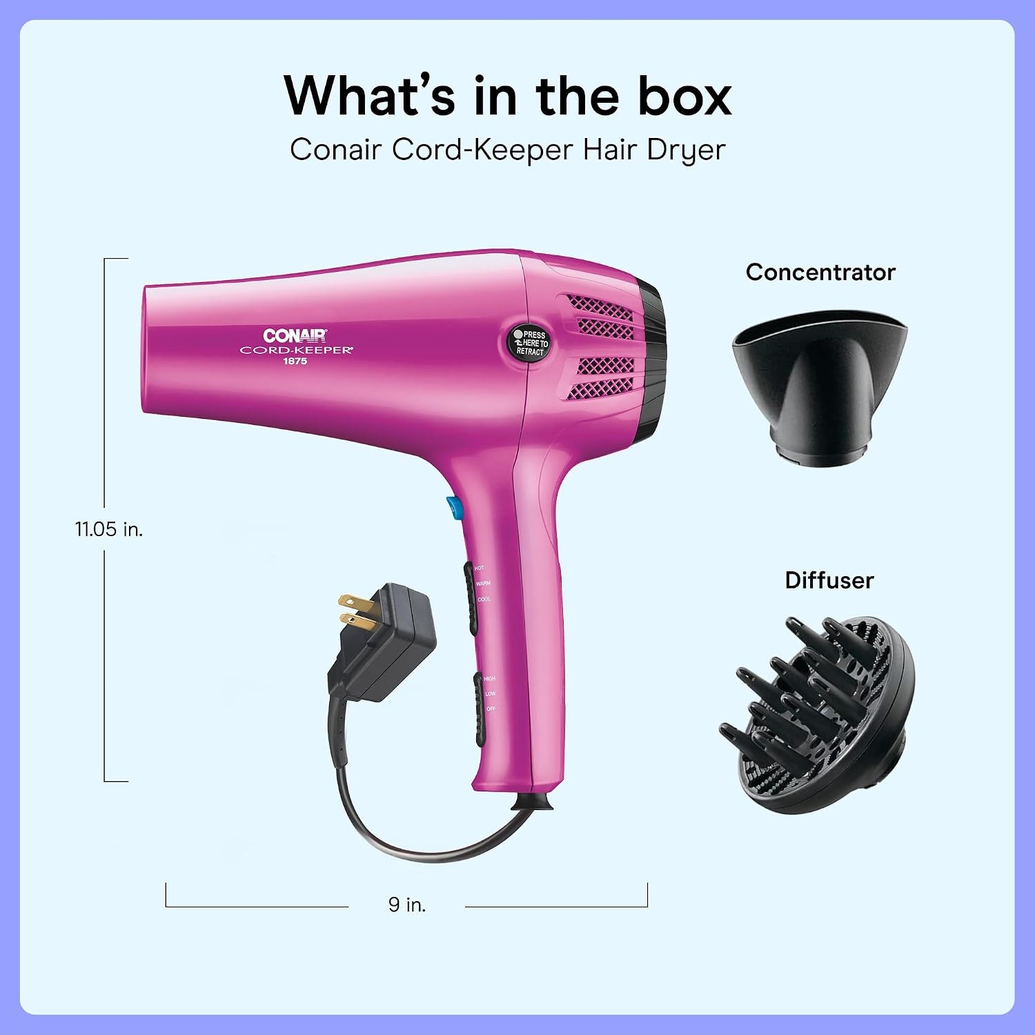 image:imageConair Hair Dryer with Retractable Cord 1875W Blow Dryer 3 Heat Settings 2 Speeds Blow Dryer with Diffuser and Concentrator Attachments Ionic Tourmaline Technology Matte Light PinkPink