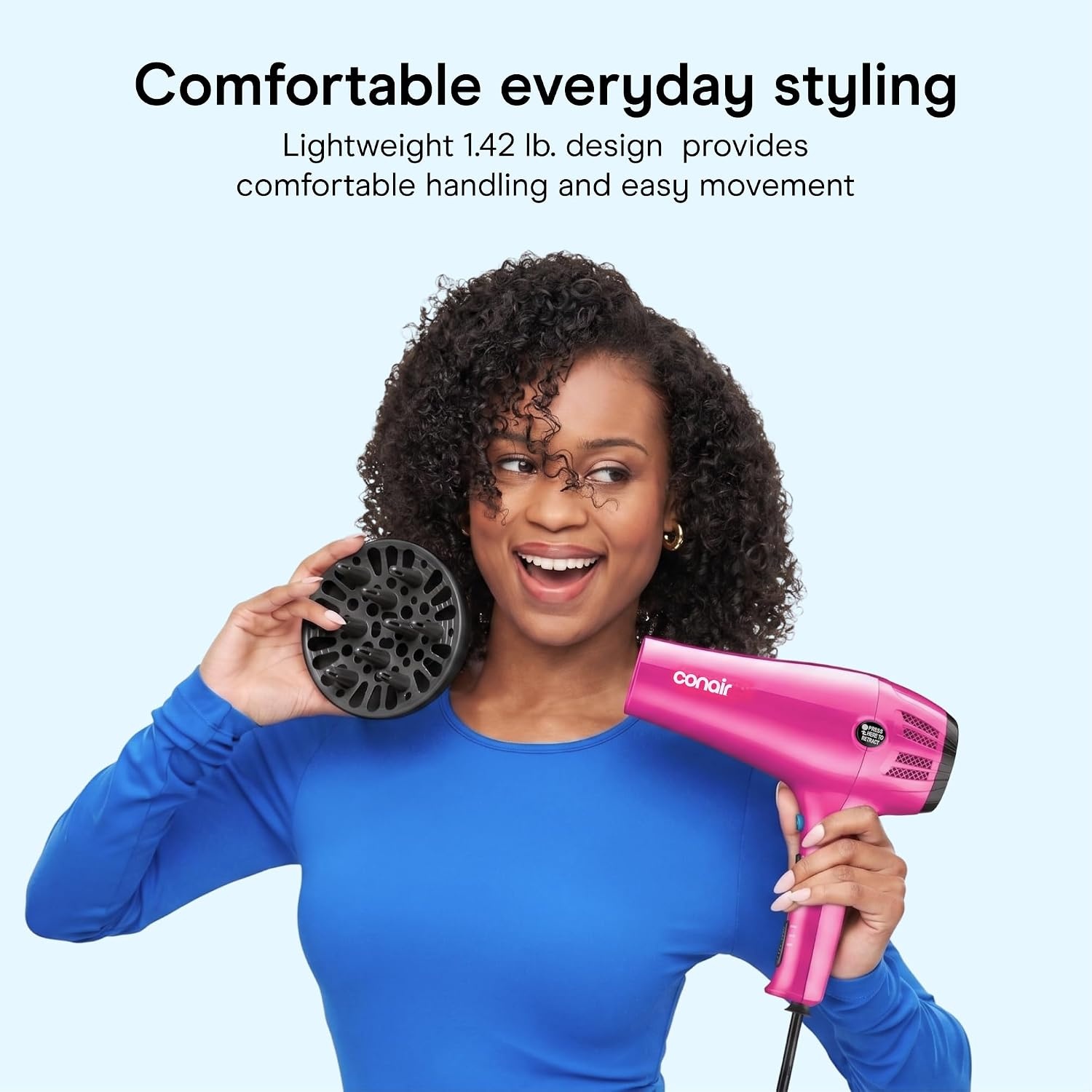 image:imageConair Hair Dryer with Retractable Cord 1875W Blow Dryer 3 Heat Settings 2 Speeds Blow Dryer with Diffuser and Concentrator Attachments Ionic Tourmaline Technology Matte Light PinkPink