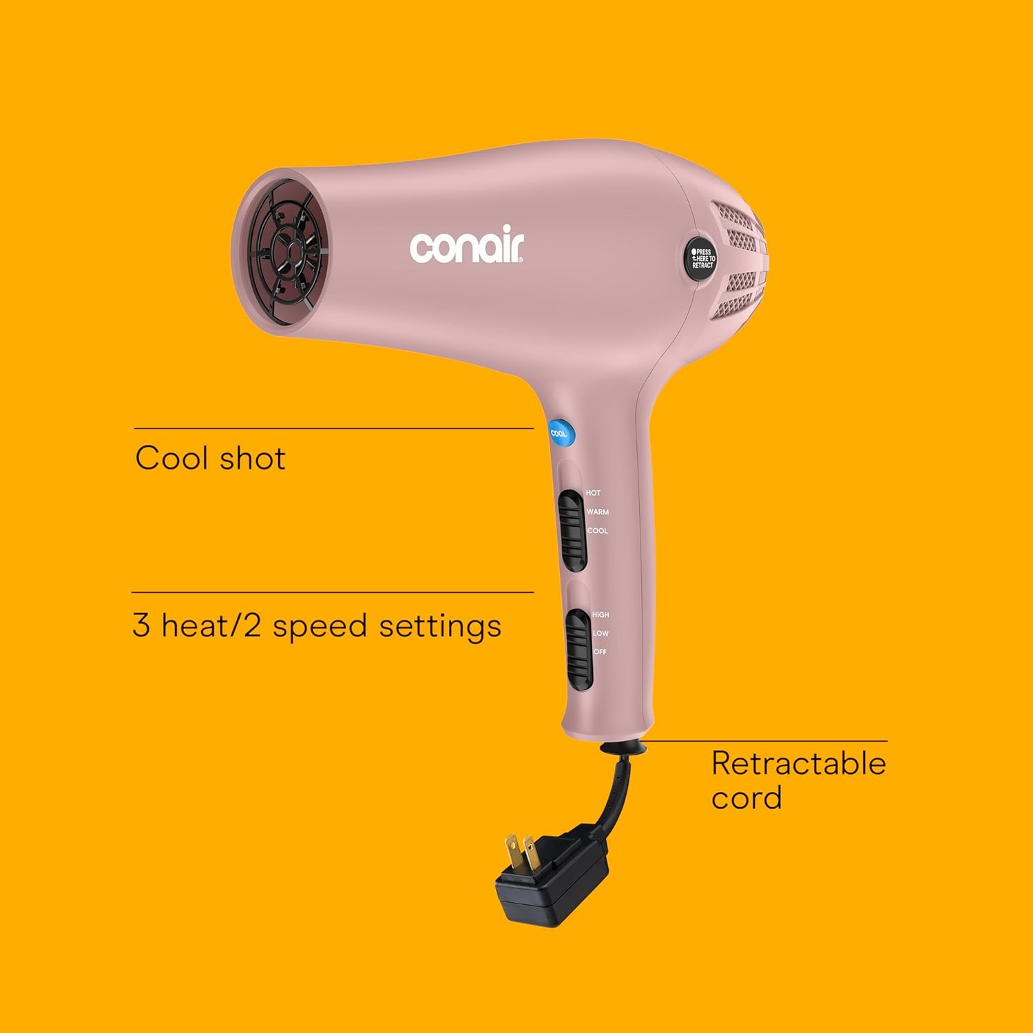 image:imageConair Hair Dryer with Retractable Cord 1875W Blow Dryer 3 Heat Settings 2 Speeds Blow Dryer with Diffuser and Concentrator Attachments Ionic Tourmaline Technology Matte Light PinkMatte Light Pink