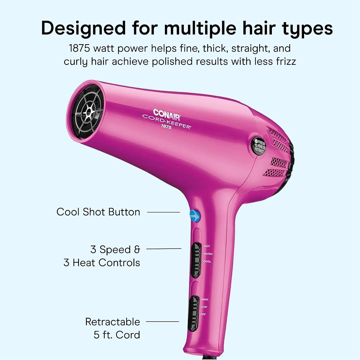 image:imageConair Hair Dryer with Retractable Cord 1875W Blow Dryer 3 Heat Settings 2 Speeds Blow Dryer with Diffuser and Concentrator Attachments Ionic Tourmaline Technology Matte Light PinkPink