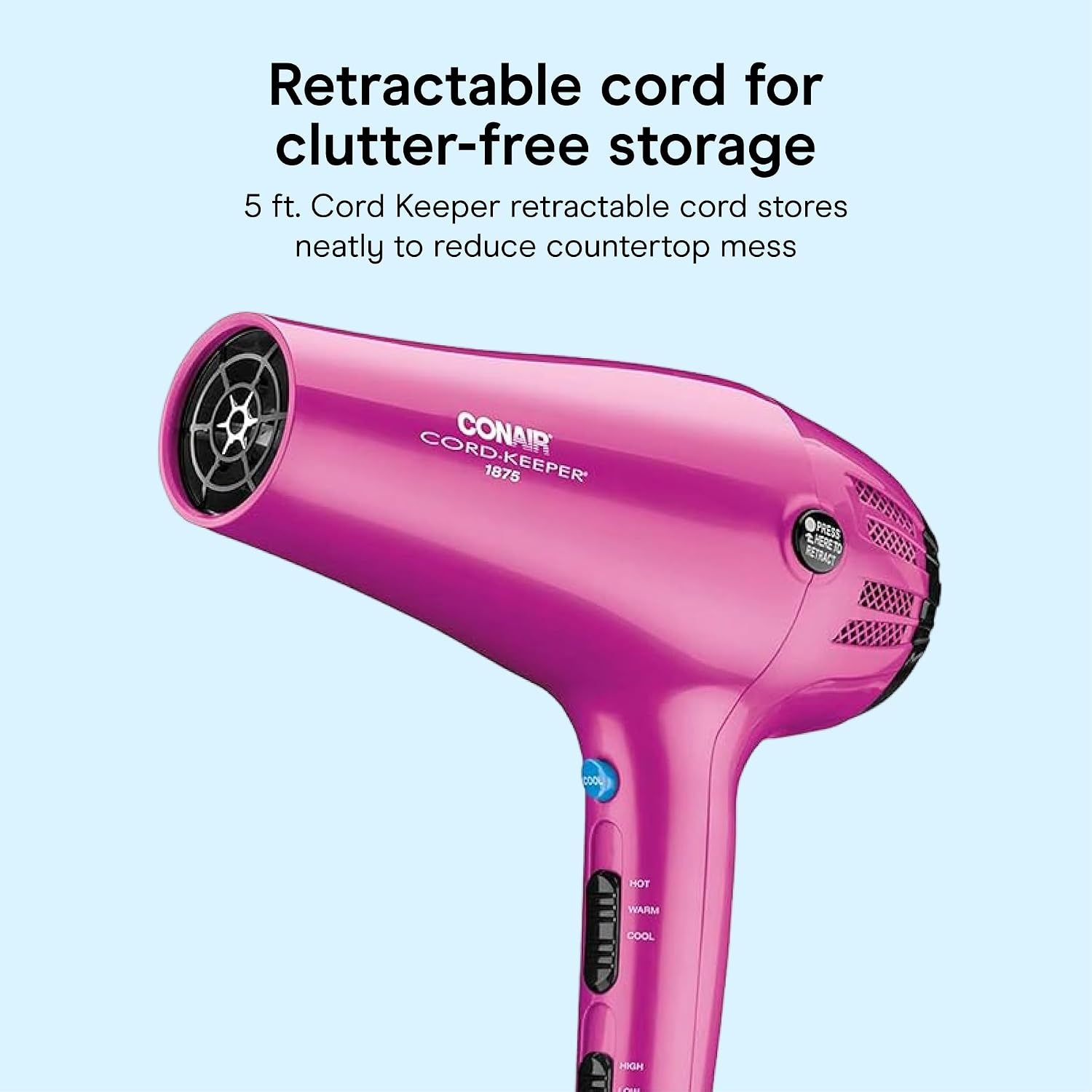image:imageConair Hair Dryer with Retractable Cord 1875W Blow Dryer 3 Heat Settings 2 Speeds Blow Dryer with Diffuser and Concentrator Attachments Ionic Tourmaline Technology Matte Light PinkPink