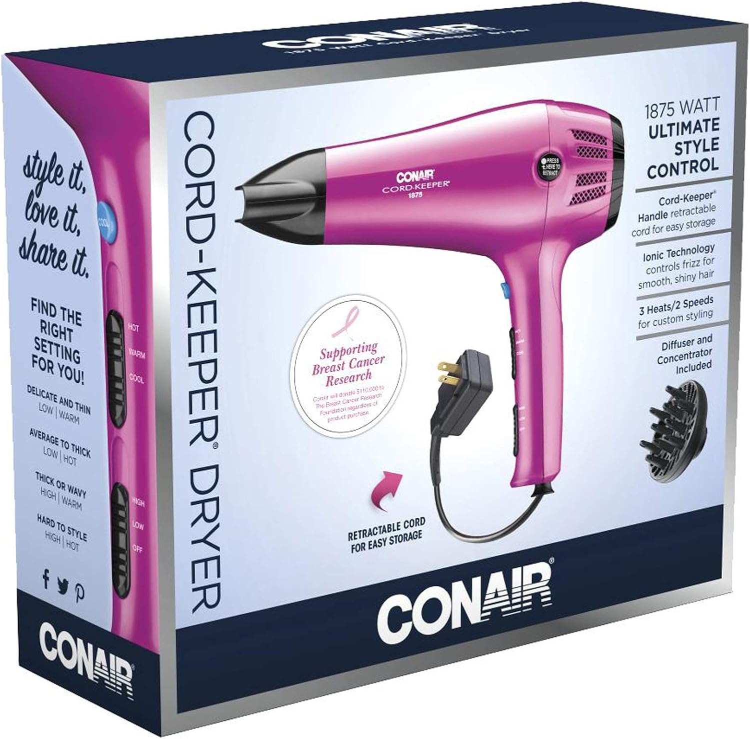 image:imageConair Hair Dryer with Retractable Cord 1875W Blow Dryer 3 Heat Settings 2 Speeds Blow Dryer with Diffuser and Concentrator Attachments Ionic Tourmaline Technology Matte Light PinkPink