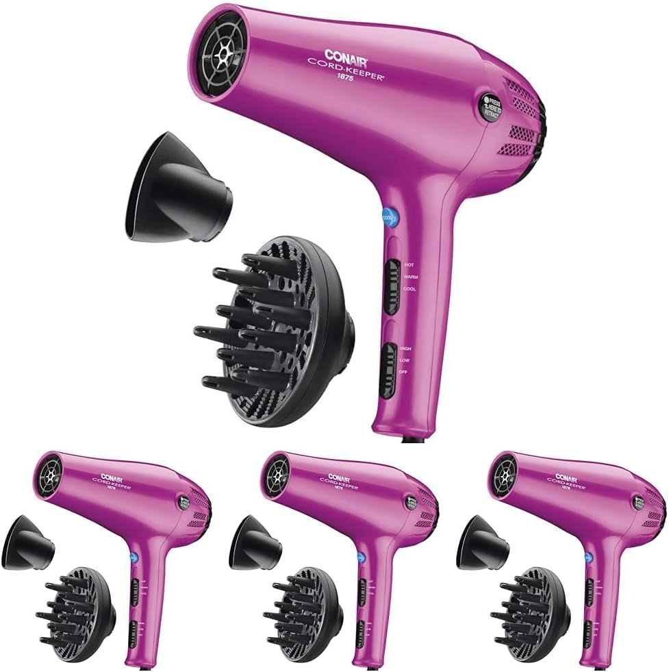 image:imageConair Hair Dryer with Retractable Cord 1875W Blow Dryer 3 Heat Settings 2 Speeds Blow Dryer with Diffuser and Concentrator Attachments Ionic Tourmaline Technology Matte Light PinkPink