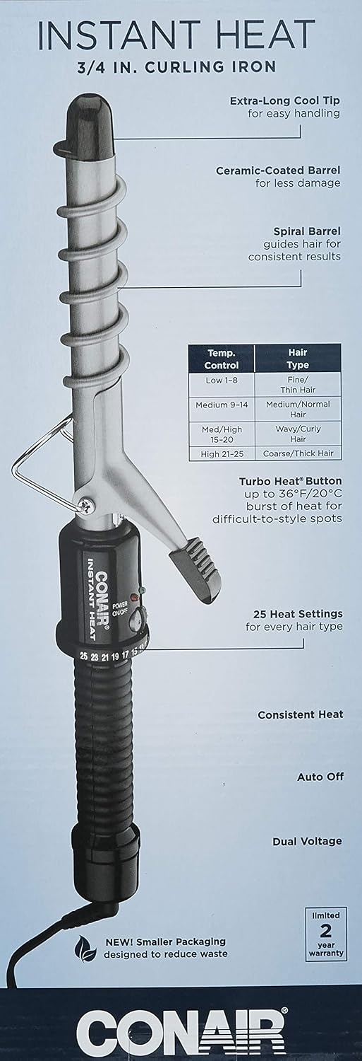 image:imageConair Instant Heat Spiral 34Inch Curling Iron spiral guide on barrel to help achieve spiral curls for use on short to medium hair075 Inch Pack of 1