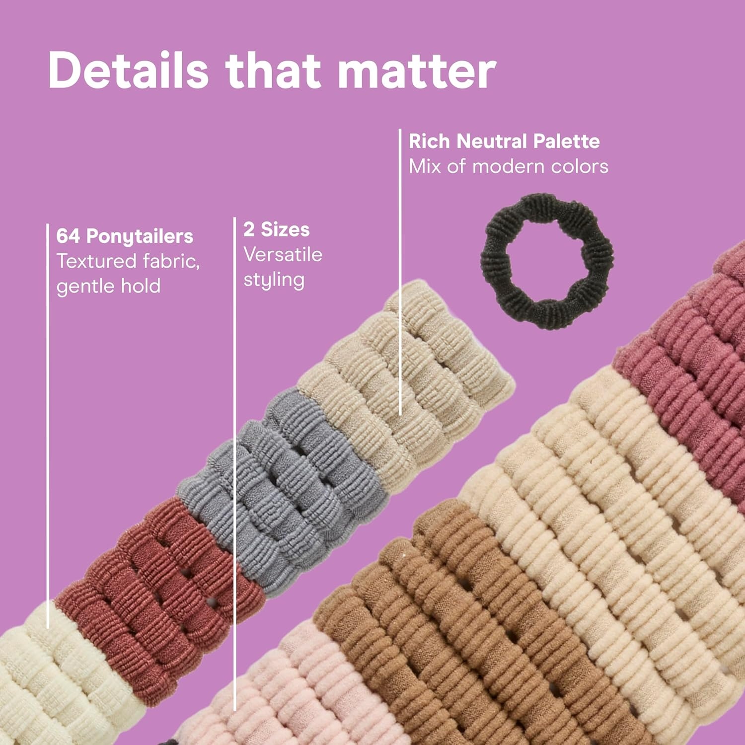 image:imageConair Luxe Ponytailers in Pouches 64PK Hair Ties No Damage Hair Accessories for Girls Hair Bands Hair Ties Variety Pack Neutral Colors