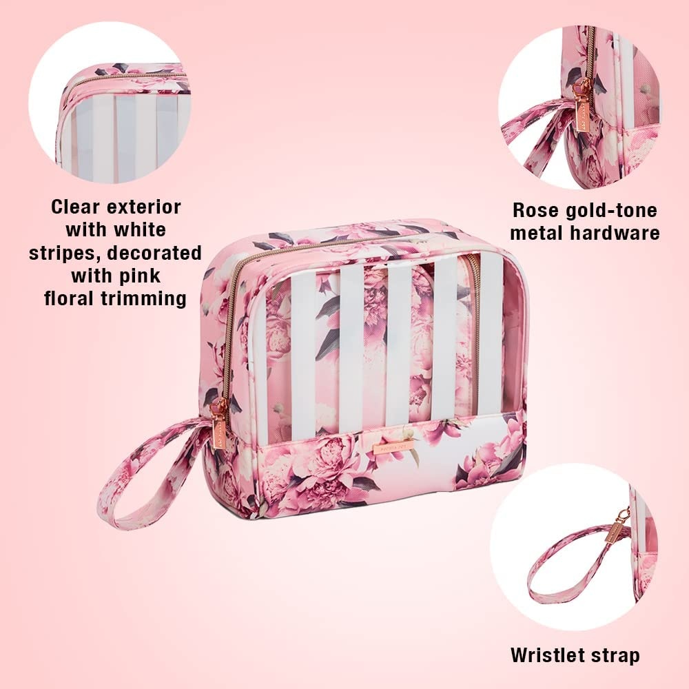 image:imageConair Makeup Bag Cosmetic Bag Great for Makeup Brushes or Cosmetics Perfect Size for Purse or CarryOn 3 Piece Set in Pink Floral PrintRayas blancasflores rosadas