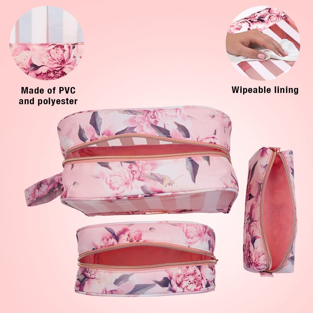 image:imageConair Makeup Bag Cosmetic Bag Great for Makeup Brushes or Cosmetics Perfect Size for Purse or CarryOn 3 Piece Set in Pink Floral PrintRayas blancasflores rosadas
