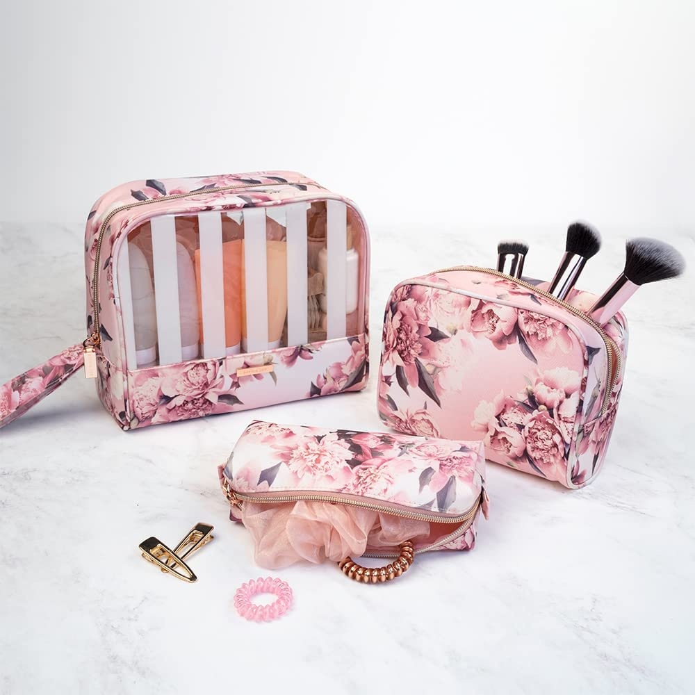 image:imageConair Makeup Bag Cosmetic Bag Great for Makeup Brushes or Cosmetics Perfect Size for Purse or CarryOn 3 Piece Set in Pink Floral PrintRayas blancasflores rosadas