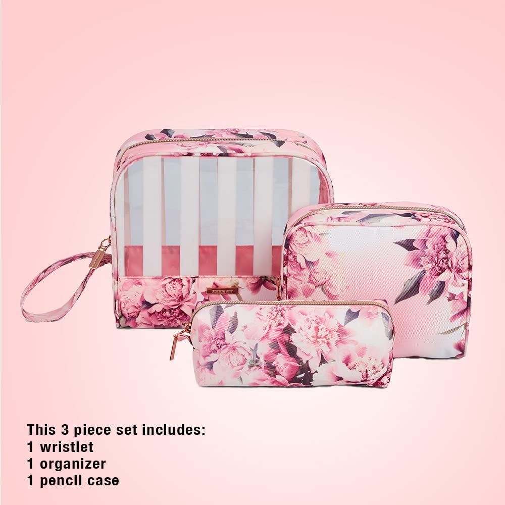 image:imageConair Makeup Bag Cosmetic Bag Great for Makeup Brushes or Cosmetics Perfect Size for Purse or CarryOn 3 Piece Set in Pink Floral PrintRayas blancasflores rosadas