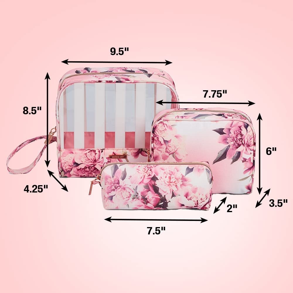 image:imageConair Makeup Bag Cosmetic Bag Great for Makeup Brushes or Cosmetics Perfect Size for Purse or CarryOn 3 Piece Set in Pink Floral PrintRayas blancasflores rosadas