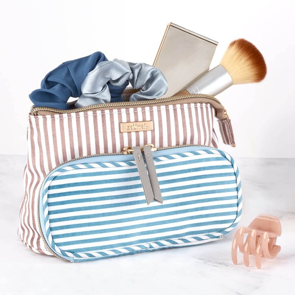 image:imageConair Makeup Bag Cosmetic Bag Great for Makeup Brushes or Cosmetics Perfect Size for Tote Bag or CarryOn Organizer Shape in Blue and Tan Stripes