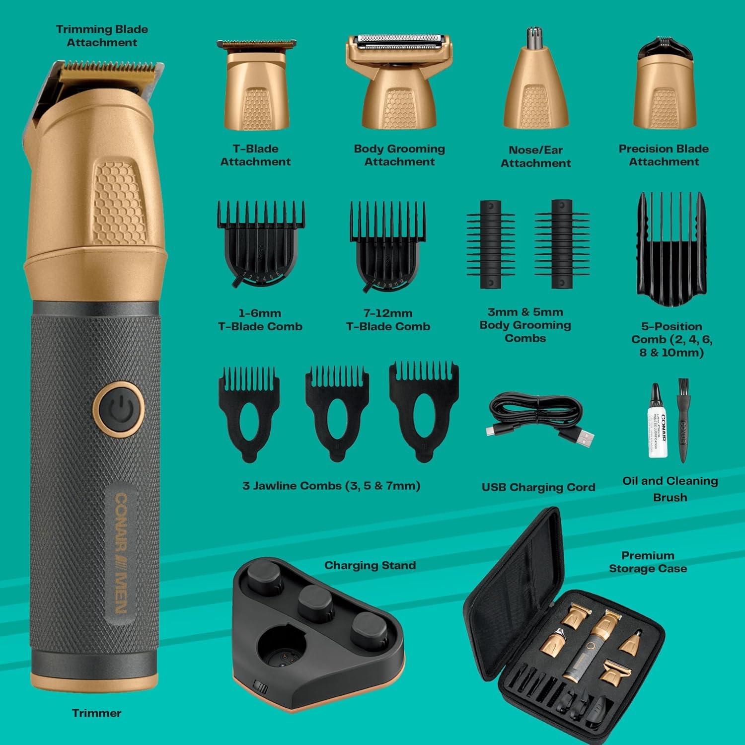 image:imageConair Men AllinOne Trimmer for Men Nose Hair Beard Mustache Body Hair Trimmer 19 Piece Mens Grooming Kit for Manscaping Showerproof RechargeableGrey
