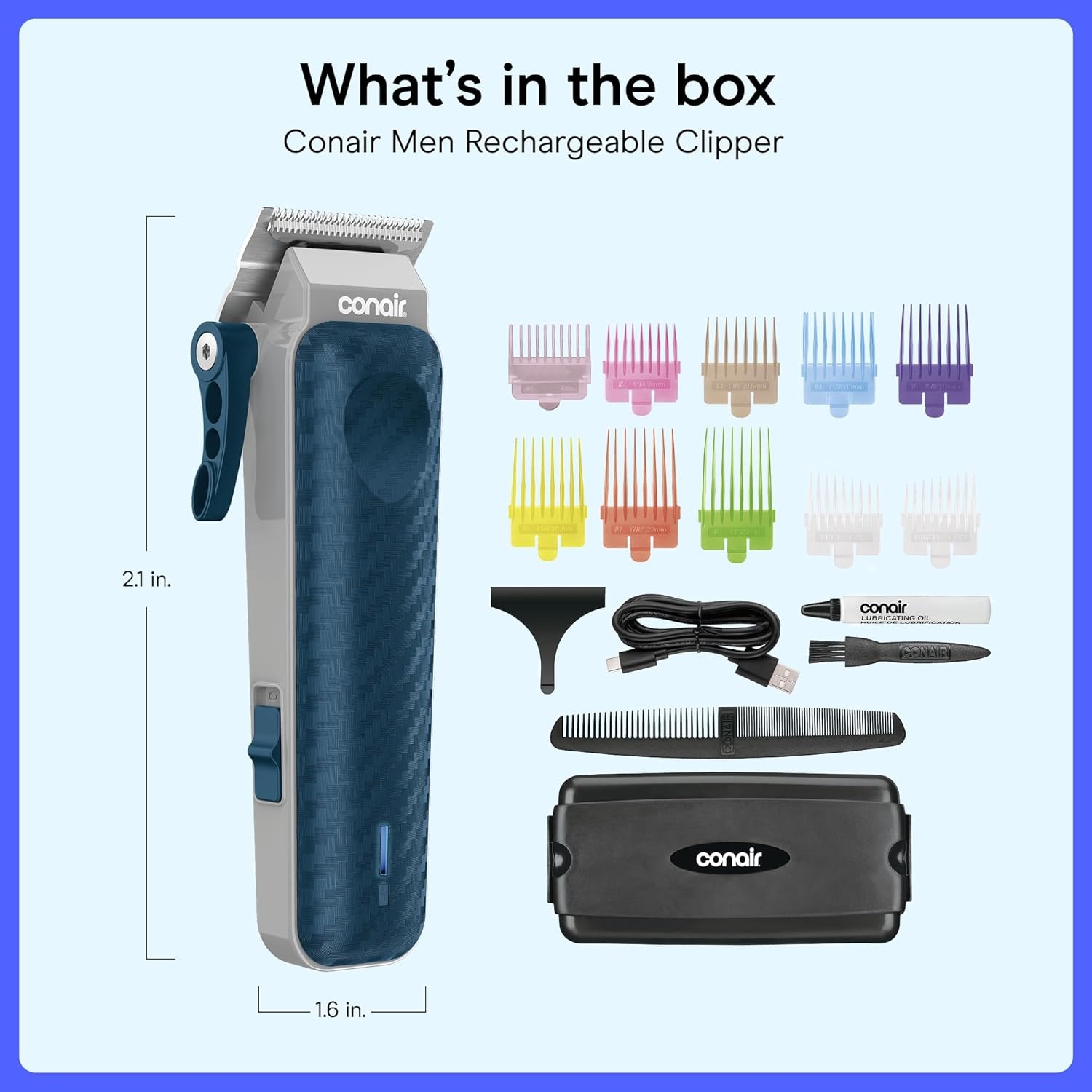 image:imageConair Men LithiumIon Rechargeable Hair Clipper 17Piece Kit Cordless clipper with USBC quick charge and 10 colorcoded guides for home haircuts 17Piece Kit Model HC379GL6