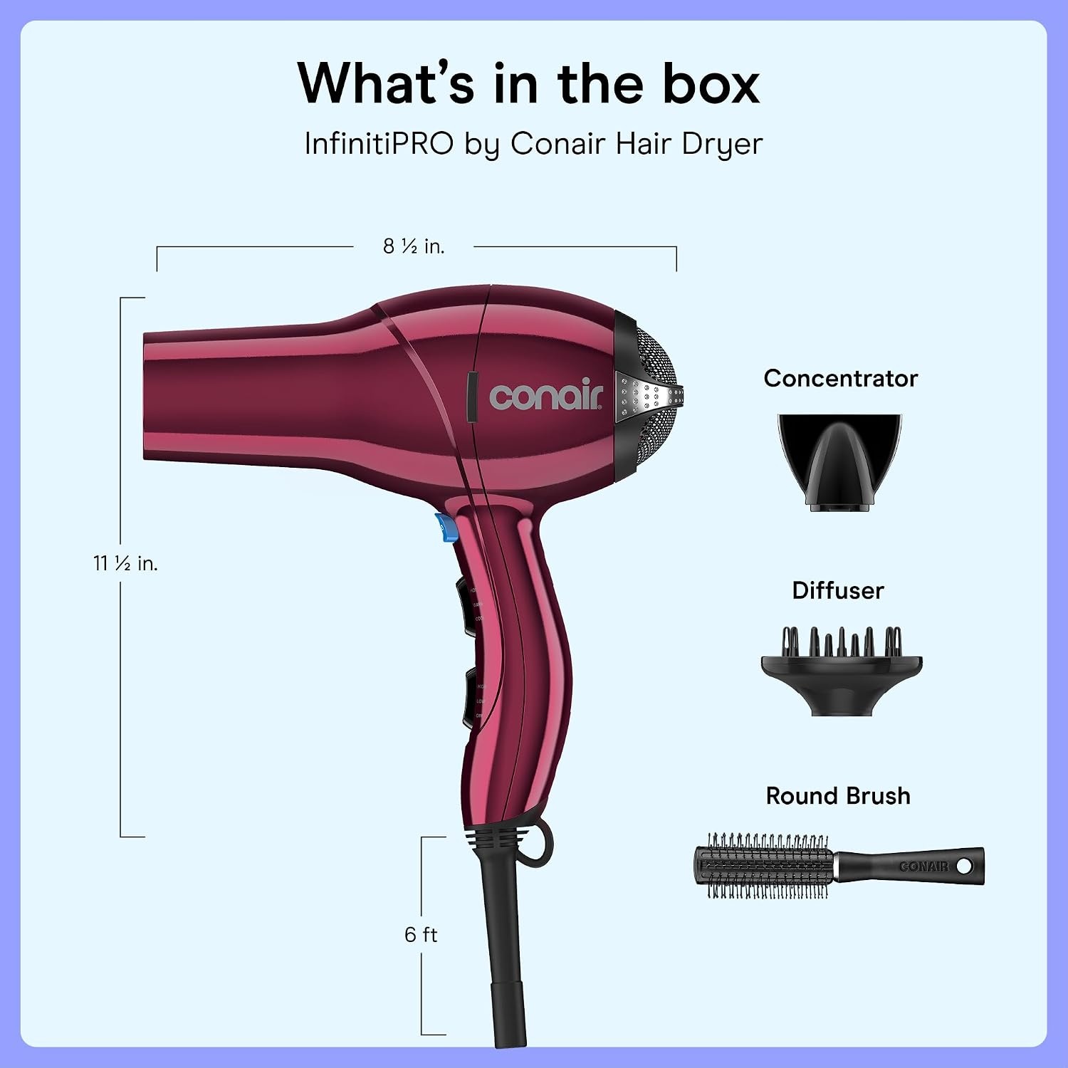image:imageConair Salon Hair Dryer 1875W AC Motor for All Hair Types Includes Bonus Round Brush Concentrator Diffuser Black 259AMRYBurgundy