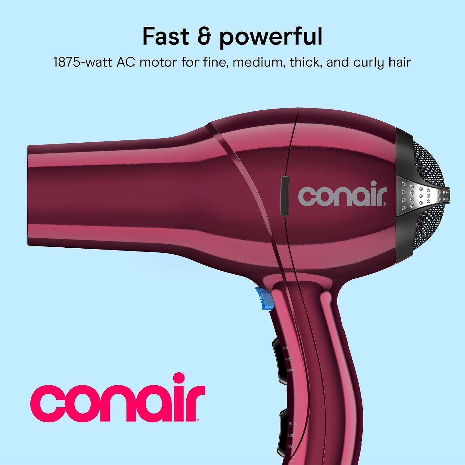 image:imageConair Salon Hair Dryer 1875W AC Motor for All Hair Types Includes Bonus Round Brush Concentrator Diffuser Black 259AMRYBurgundy