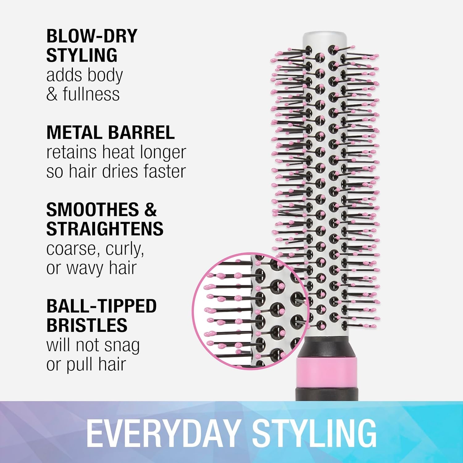 image:imageConair Salon Results Metal Round Hairbrush Hair brush for blow out blowdryer brush features metal barrel with nylon bristles Adds body and fullness suitable on all lengths PinkBlackBlush Pink