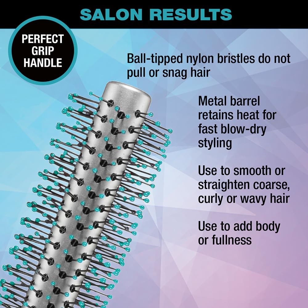 image:imageConair Salon Results Metal Round Hairbrush Hair brush for blow out blowdryer brush features metal barrel with nylon bristles Adds body and fullness suitable on all lengths PinkBlackBlack Teal