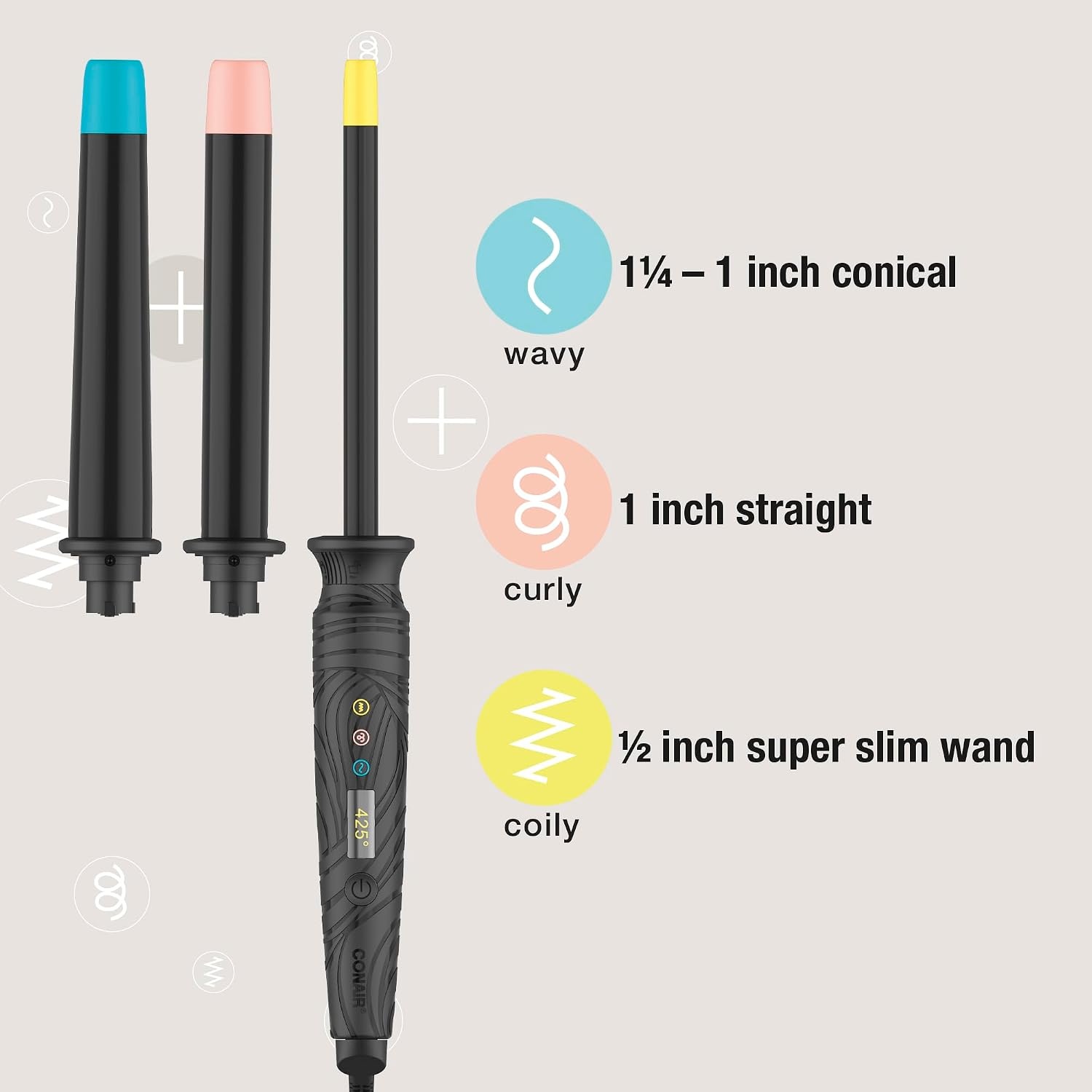 image:imageConair The Curl Collective 3in1 Ceramic Curling Wand 3 Interchangeable Barrels Designed to Create a Specific Curl Pattern 12 Super Slim 1 and 1 14 to 1 Tapered1 inch