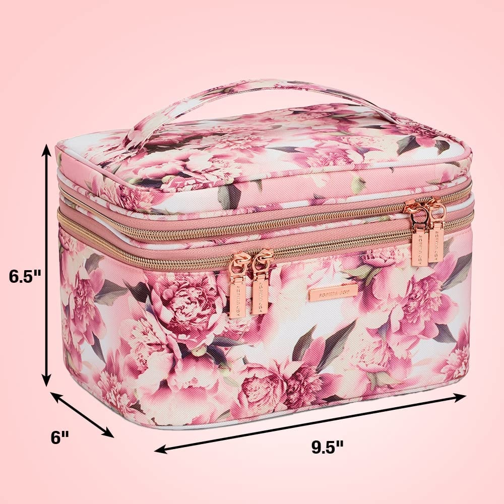image:imageConair Travel Makeup Bag Large Toiletry and Cosmetic Bag Perfect Size for Use At Home or Travel Train Case Shape in Pink Floral Print