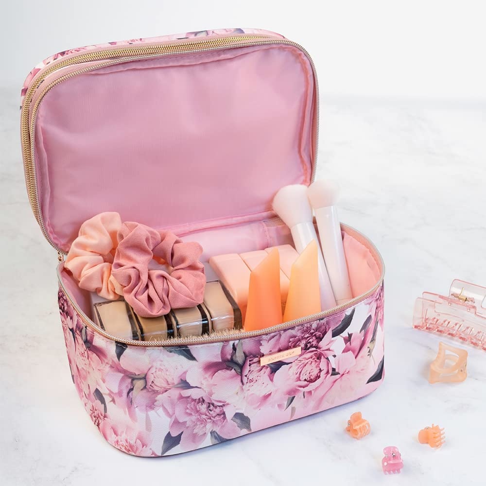 image:imageConair Travel Makeup Bag Large Toiletry and Cosmetic Bag Perfect Size for Use At Home or Travel Train Case Shape in Pink Floral Print