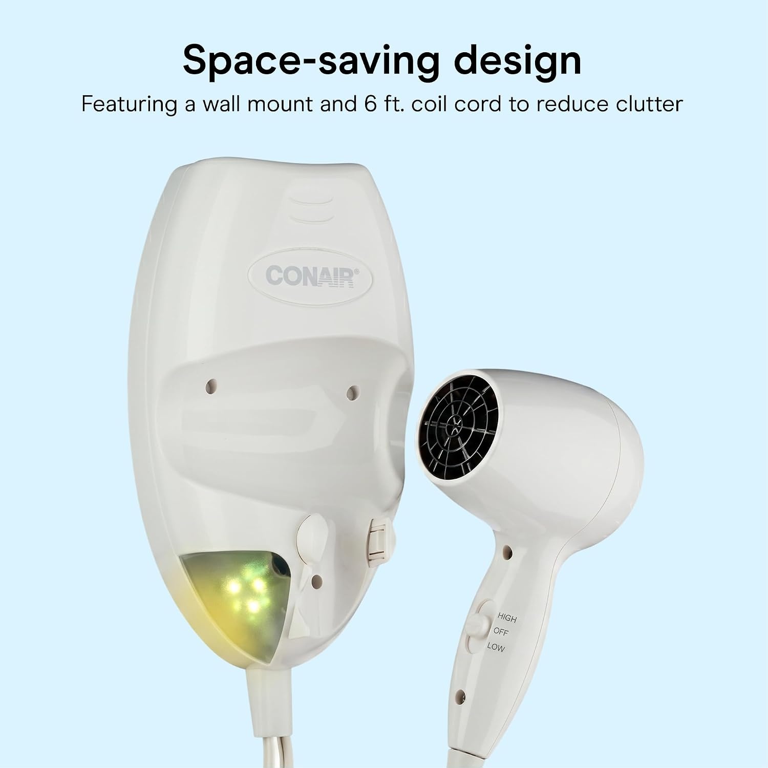 image:imageConair Wall Mount Hair Dryer SpaceSaving Wall Mount Design with LED Night Light 1600W for Fine Medium and Thick Hair White 134NR1 Count Pack of 1