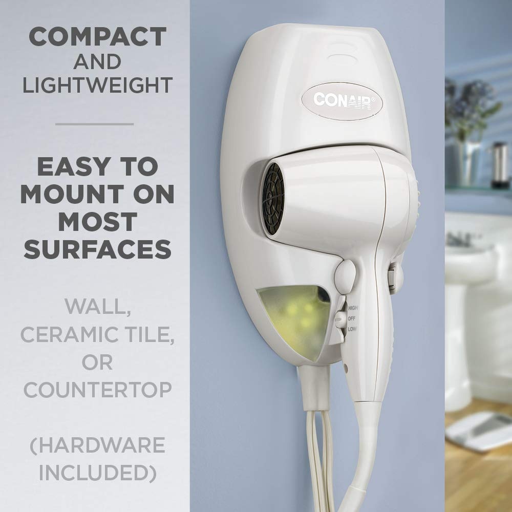 image:imageConair Wall Mount Hair Dryer SpaceSaving Wall Mount Design with LED Night Light 1600W for Fine Medium and Thick Hair White 134NR1 Count Pack of 4