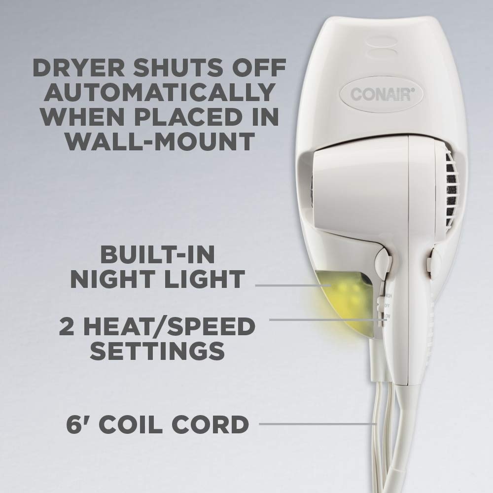 image:imageConair Wall Mount Hair Dryer SpaceSaving Wall Mount Design with LED Night Light 1600W for Fine Medium and Thick Hair White 134NR1 Count Pack of 4