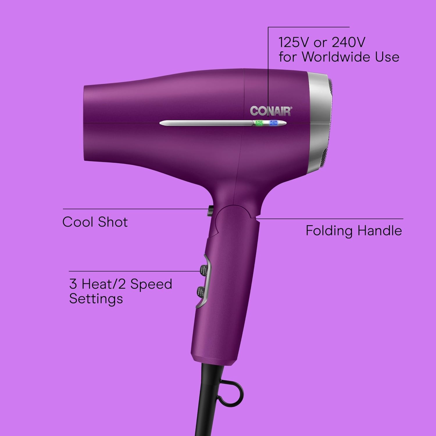 image:imageConair Worldwide Folding Handle Hair Dryer with Concentrator amp Diffuser 1875W Travel Blow Dryer with Smart Voltage Technology Ionic Conditioning Fights Frizz 3 Heat amp 2 Speed Settings Purple