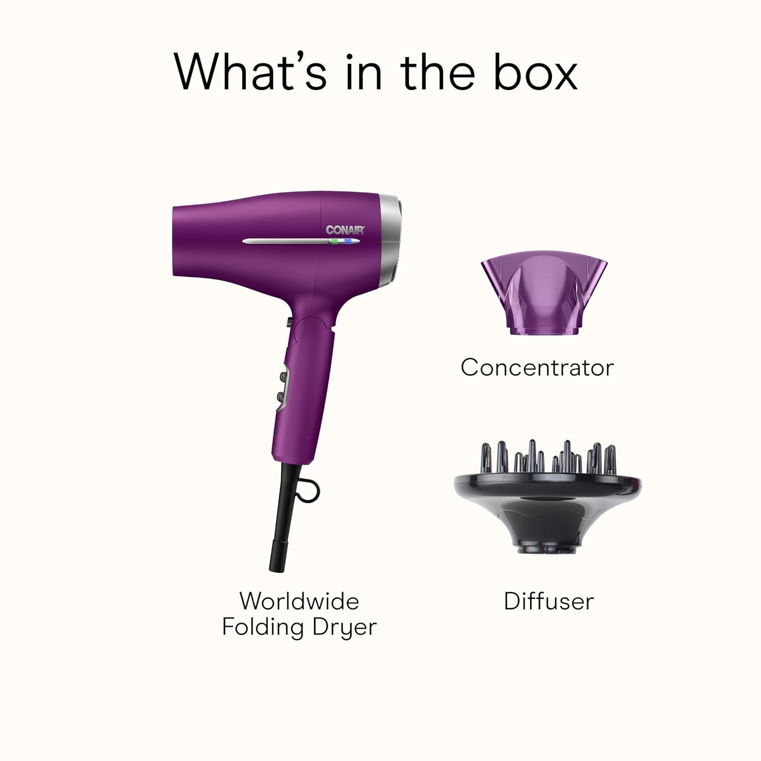 image:imageConair Worldwide Folding Handle Hair Dryer with Concentrator amp Diffuser 1875W Travel Blow Dryer with Smart Voltage Technology Ionic Conditioning Fights Frizz 3 Heat amp 2 Speed Settings Purple