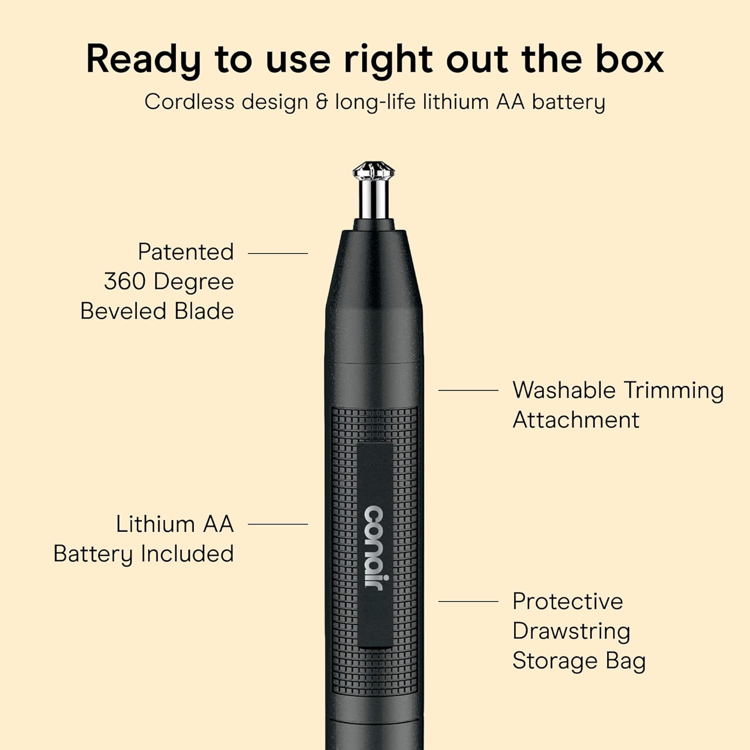 image:imageConairMAN 360 Bevel Blade Ear and Nose Trimmer Patented 360 beveled blade trims ear nose and brows with no pulling BlackSilver Model PG1000L5BlackSilver