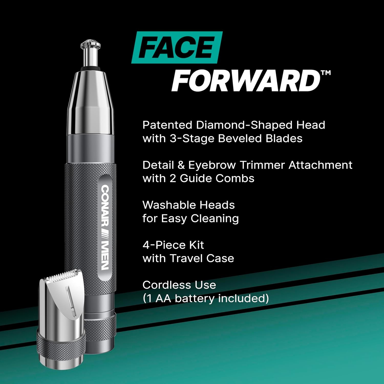image:imageConairMAN 360 Bevel Blade Ear and Nose Trimmer Patented 360 beveled blade trims ear nose and brows with no pulling BlackSilver Model PG1000L5Mens Multi Attachment Heads Storage Case