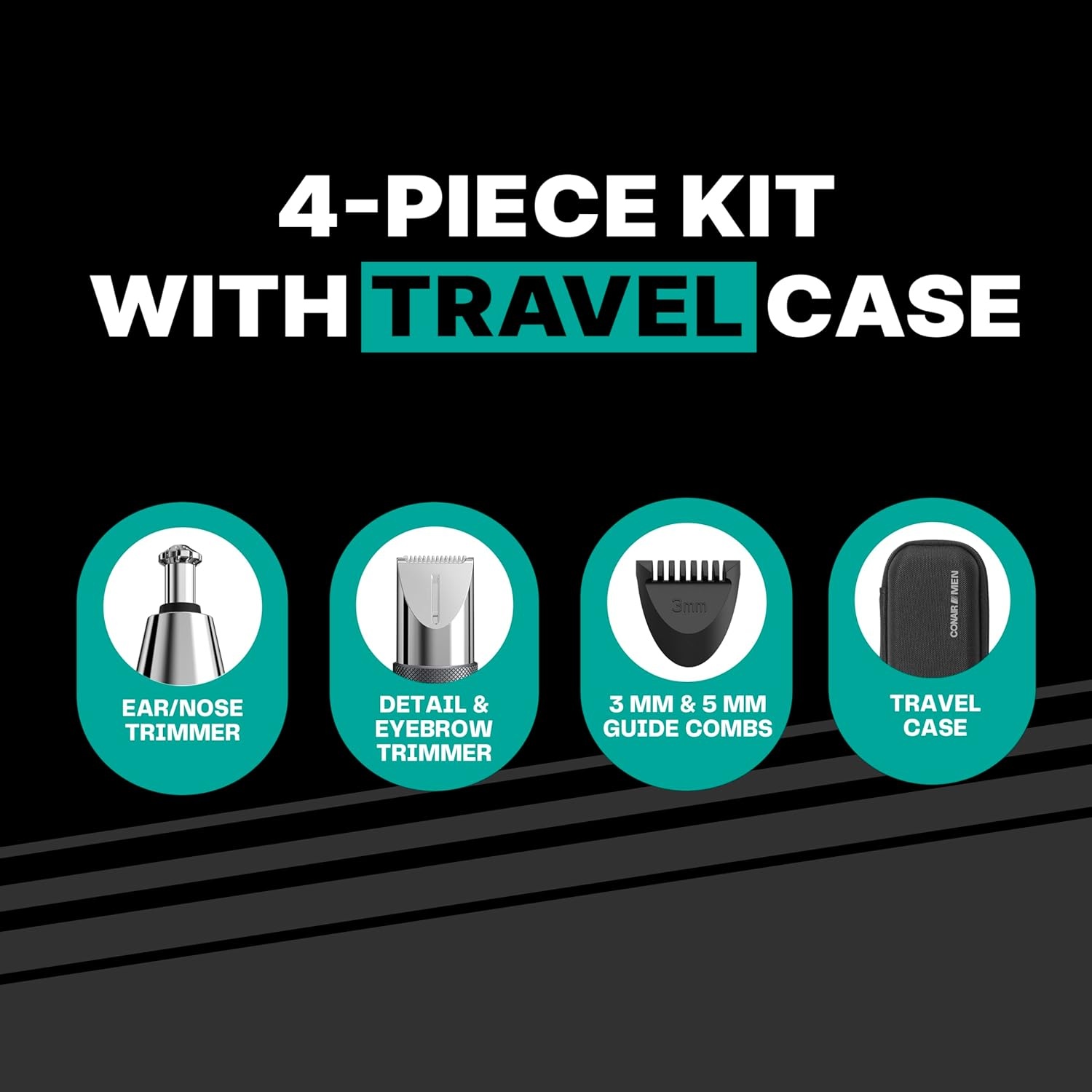 image:imageConairMAN 360 Bevel Blade Ear and Nose Trimmer Patented 360 beveled blade trims ear nose and brows with no pulling BlackSilver Model PG1000L5Mens Multi Attachment Heads Storage Case