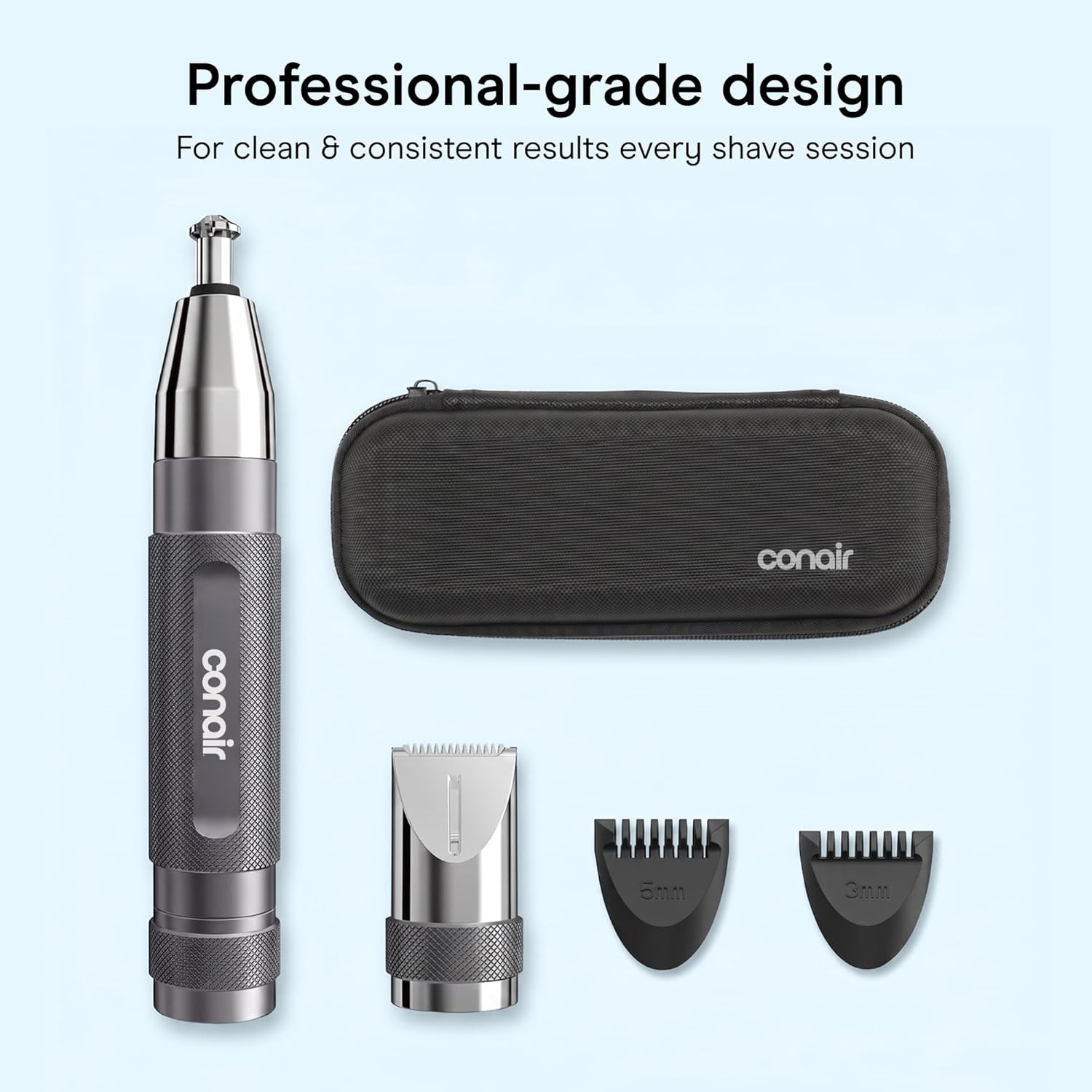 image:imageConairMAN 360 Bevel Blade Ear and Nose Trimmer Patented 360 beveled blade trims ear nose and brows with no pulling BlackSilver Model PG1000L5Metal