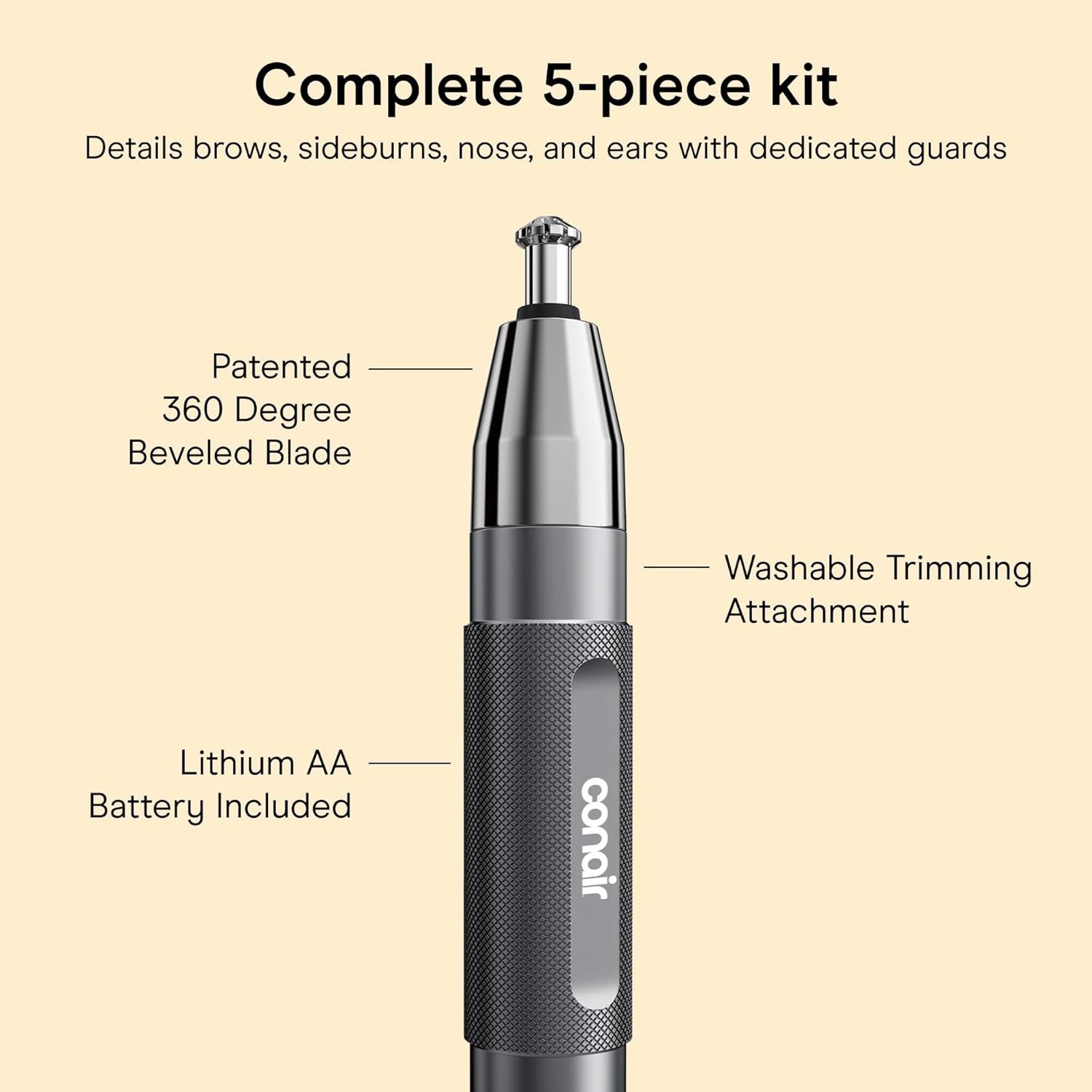 image:imageConairMAN 360 Bevel Blade Ear and Nose Trimmer Patented 360 beveled blade trims ear nose and brows with no pulling BlackSilver Model PG1000L5Metal
