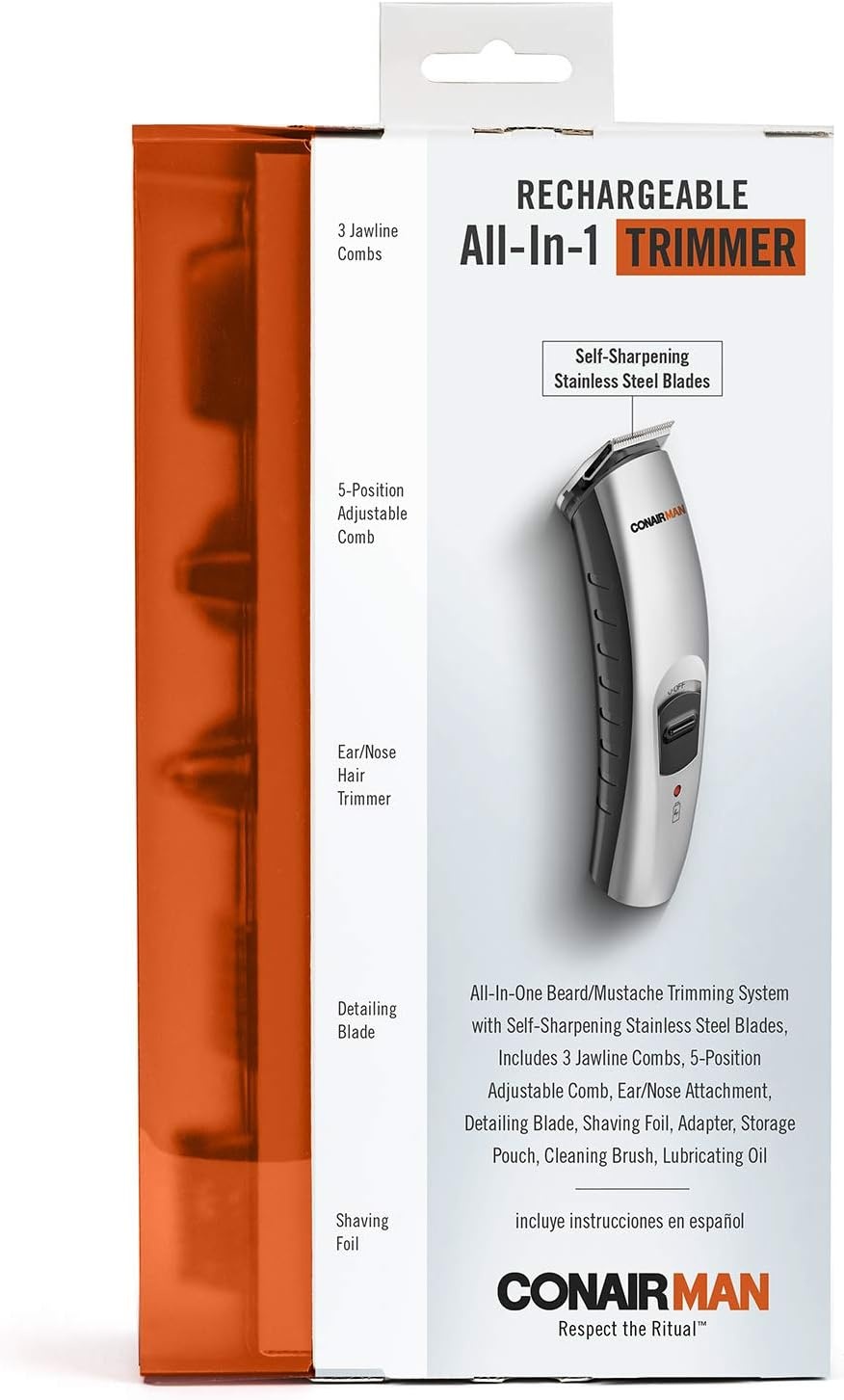 image:imageConairMAN AllinOne Beard Trimmer for Men for Face Nose and Ear Hair Trimmer 12 piece Mens Grooming Kit CordlessRechargeableSilver