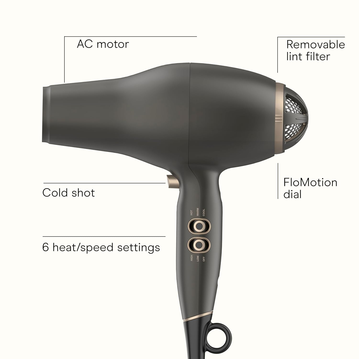 image:imageINFINITI PRO CONAIR FloMotion Pro Hair Dryer Personalize Your Drying Experience with Adjustable Airflow and 6 HeatSpeed Settings Blow Dryer with Diffuser and Concentrator Attachments Black