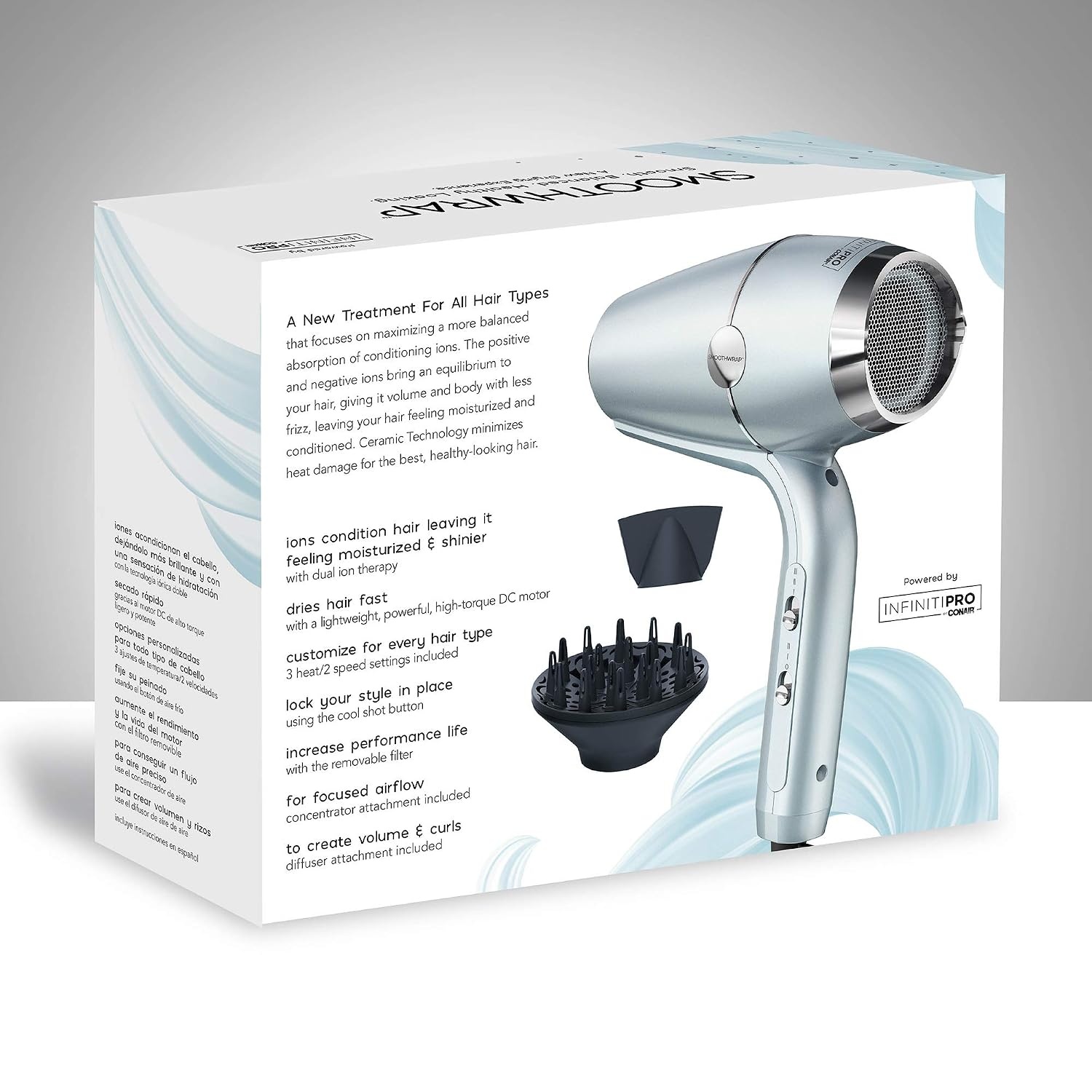 image:imageINFINITI PRO CONAIR SmoothWrap Hair Dryer Blow Dryer with Diffuser and Concentrator Attachments Advanced Plasma and Ceramic Technology for Less Frizz More Volume and Body MintMint