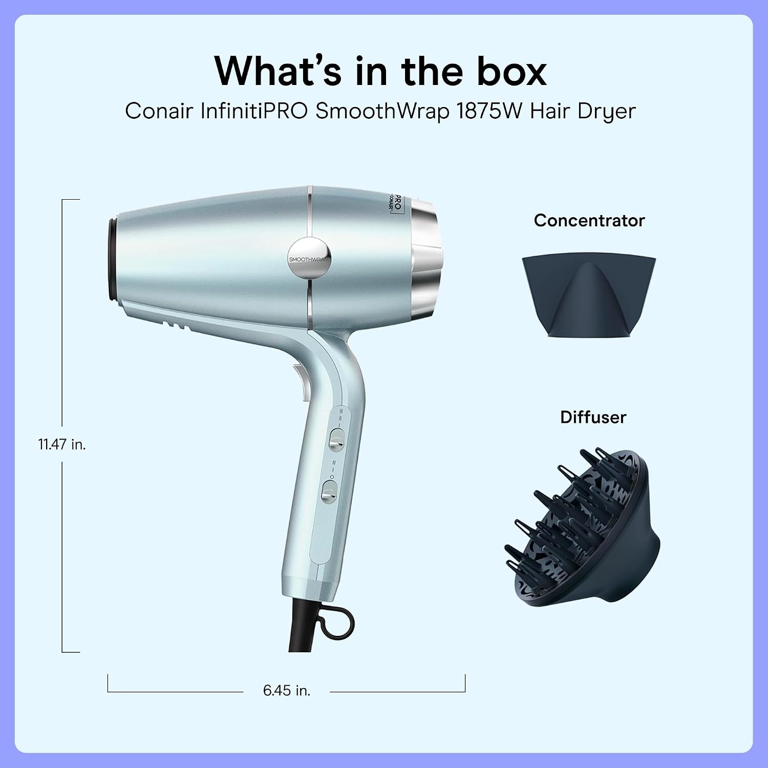 image:imageINFINITI PRO CONAIR SmoothWrap Hair Dryer Blow Dryer with Diffuser and Concentrator Attachments Advanced Plasma and Ceramic Technology for Less Frizz More Volume and Body MintMint