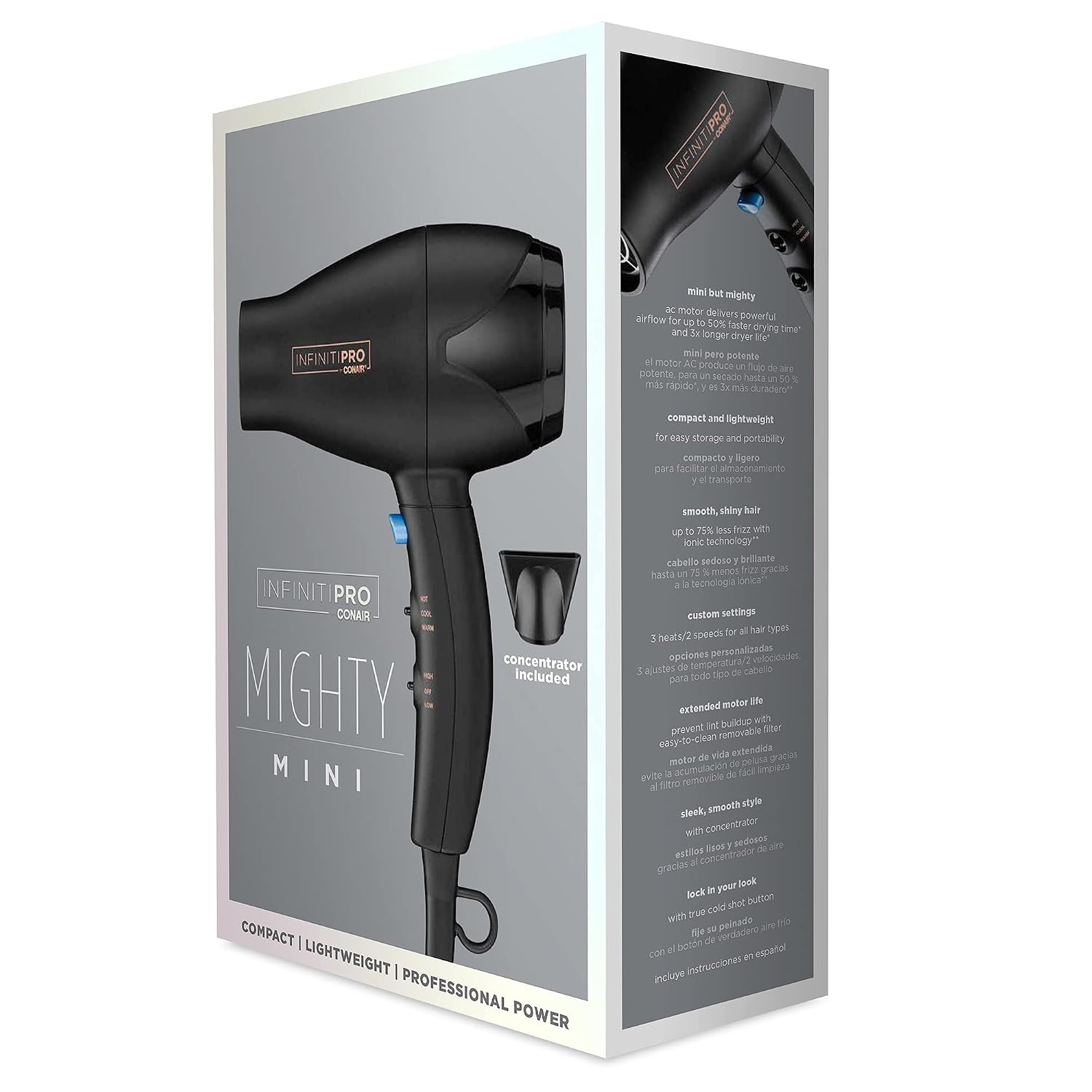 image:imageINFINITI PRO CONAIR Travel Hair Dryer 1600W Mighty Mini Compact Blow Dryer with Concentrator Attachment Lightweight Professional AC Motor for Fast Drying 3 Heat amp 2 Speed Settings BlackTravel Size Pack of 4