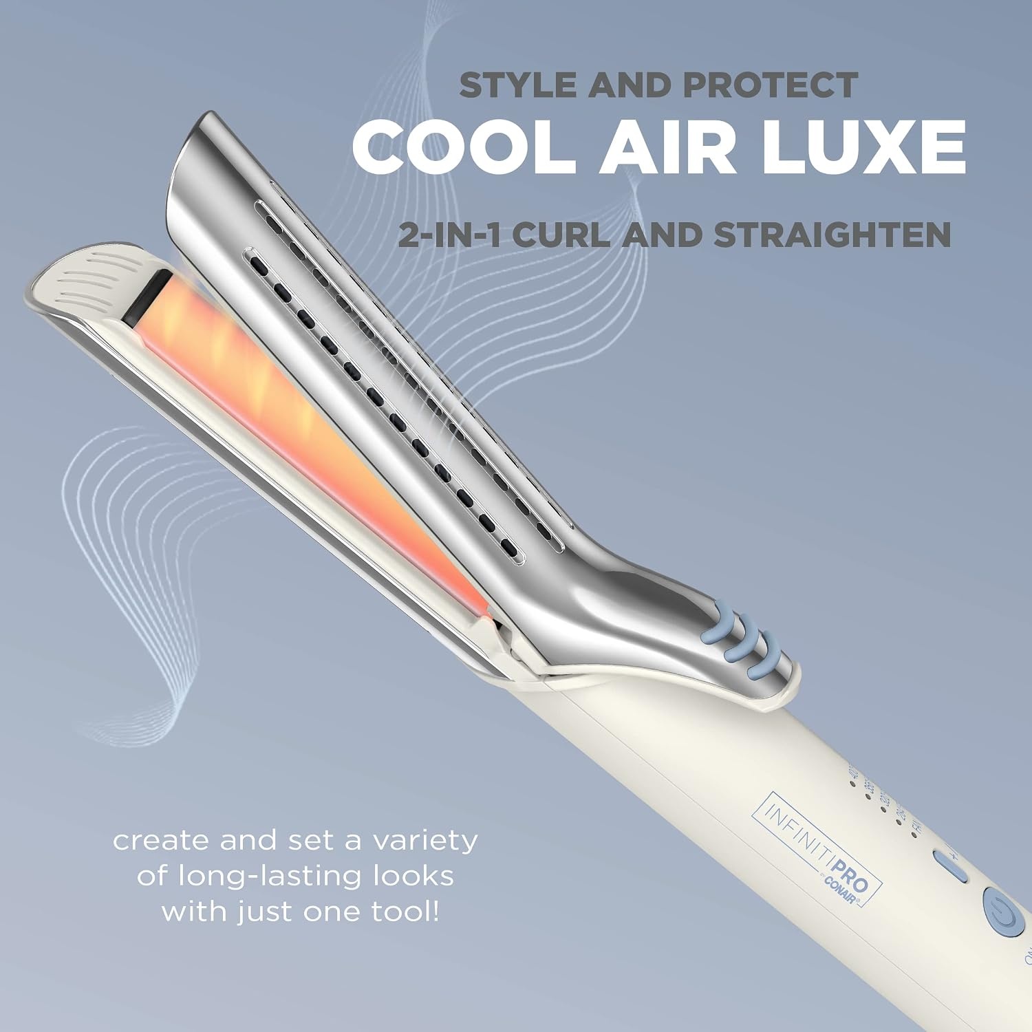 image:imageINFINITIPRO BY CONAIR 2in1 Cool Air Curling Iron and Flat Iron Luxe Protects Against Damage and Locks in Style for Effortless Long Lasting Curls Waves amp Straight Looks with One ToolWhite