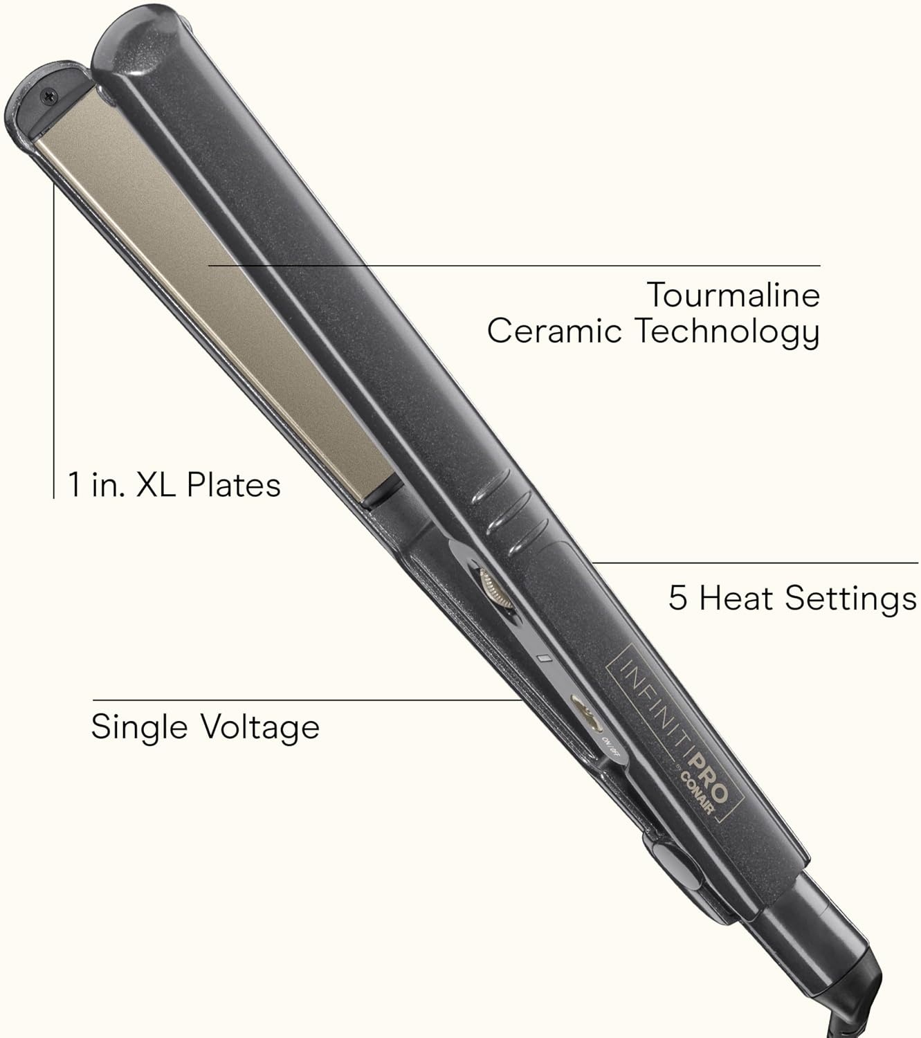 image:imageINFINITIPRO BY CONAIR Tourmaline Ceramic 1Inch Flat Iron Hair Straightener 1Inch Flat Iron to Straighten or Curl 5 Heat Settings for All Hair Types and Textures Metallic GrayMetallic Grey