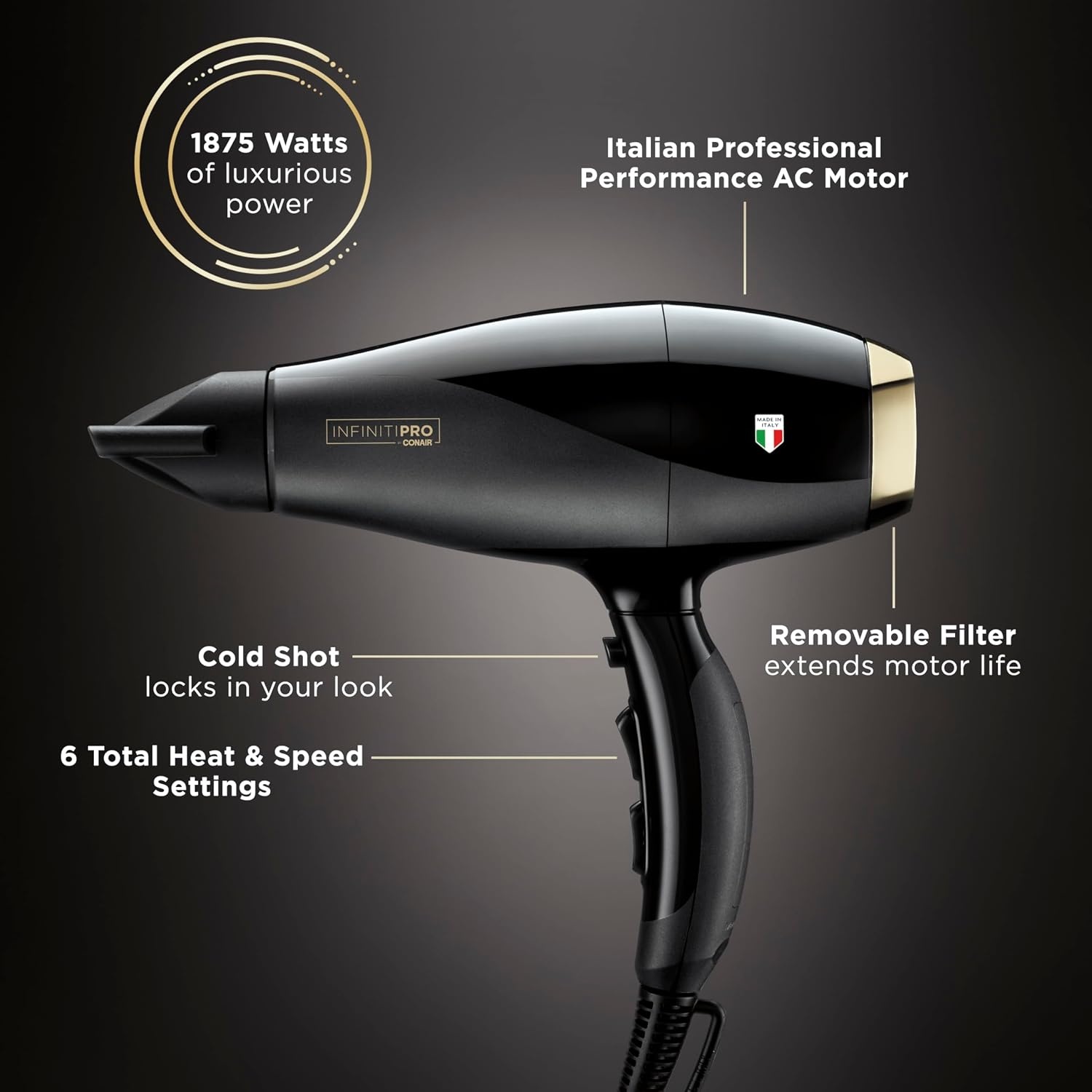 image:imageInfiniti PRO CONAIR ArteBella Hair Dryer Italian Performance Blow Dryer with Diffuser and Concentrator Attachments Luxurious Experience and UltraFast Drying Power 6 HeatSpeed Settings BlackPack of 2