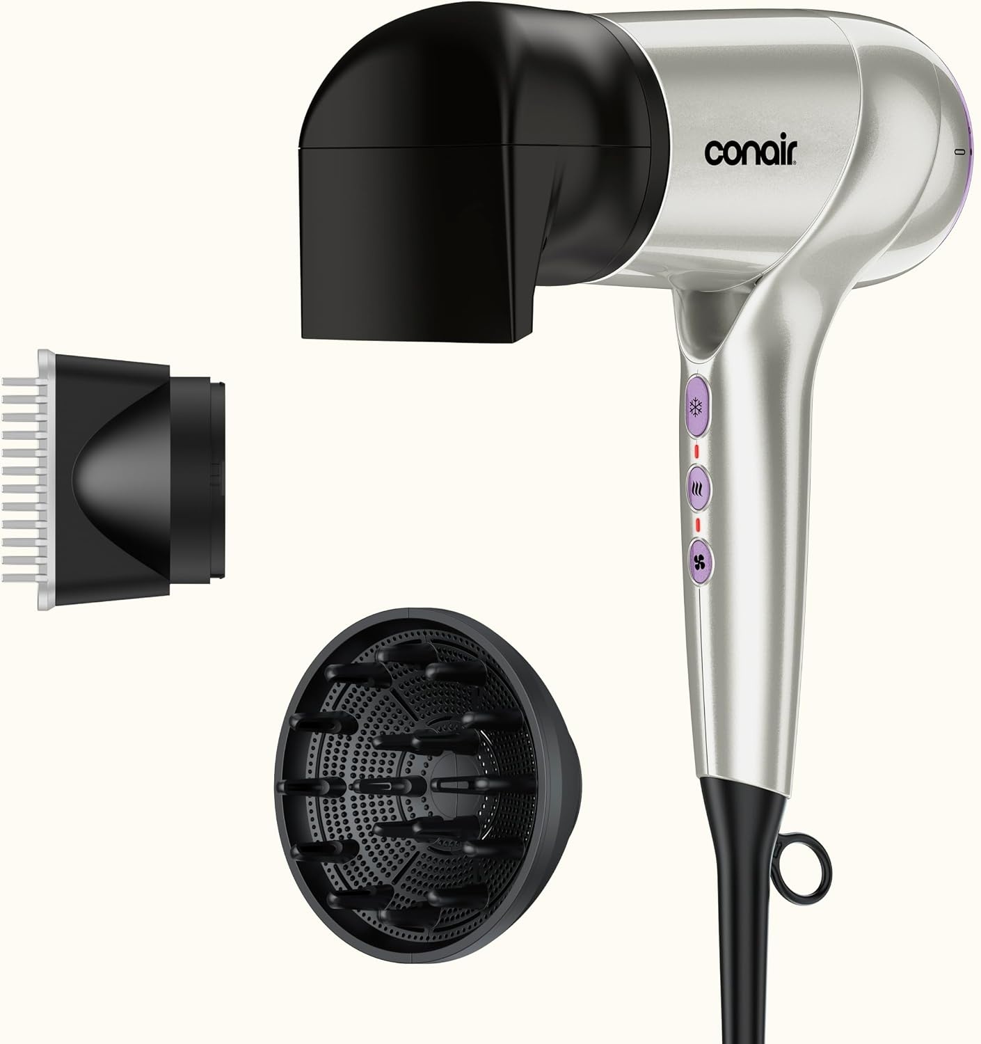 image:imageInfiniti PRO CONAIR Digital Hair Dryer Lightweight Ionic Blow Dryer wDiffuser for Reducing Frizz amp Defining Curls Includes Diffuser Thermal Concentrator AntiFlyaway Attachment Silver amp Purple