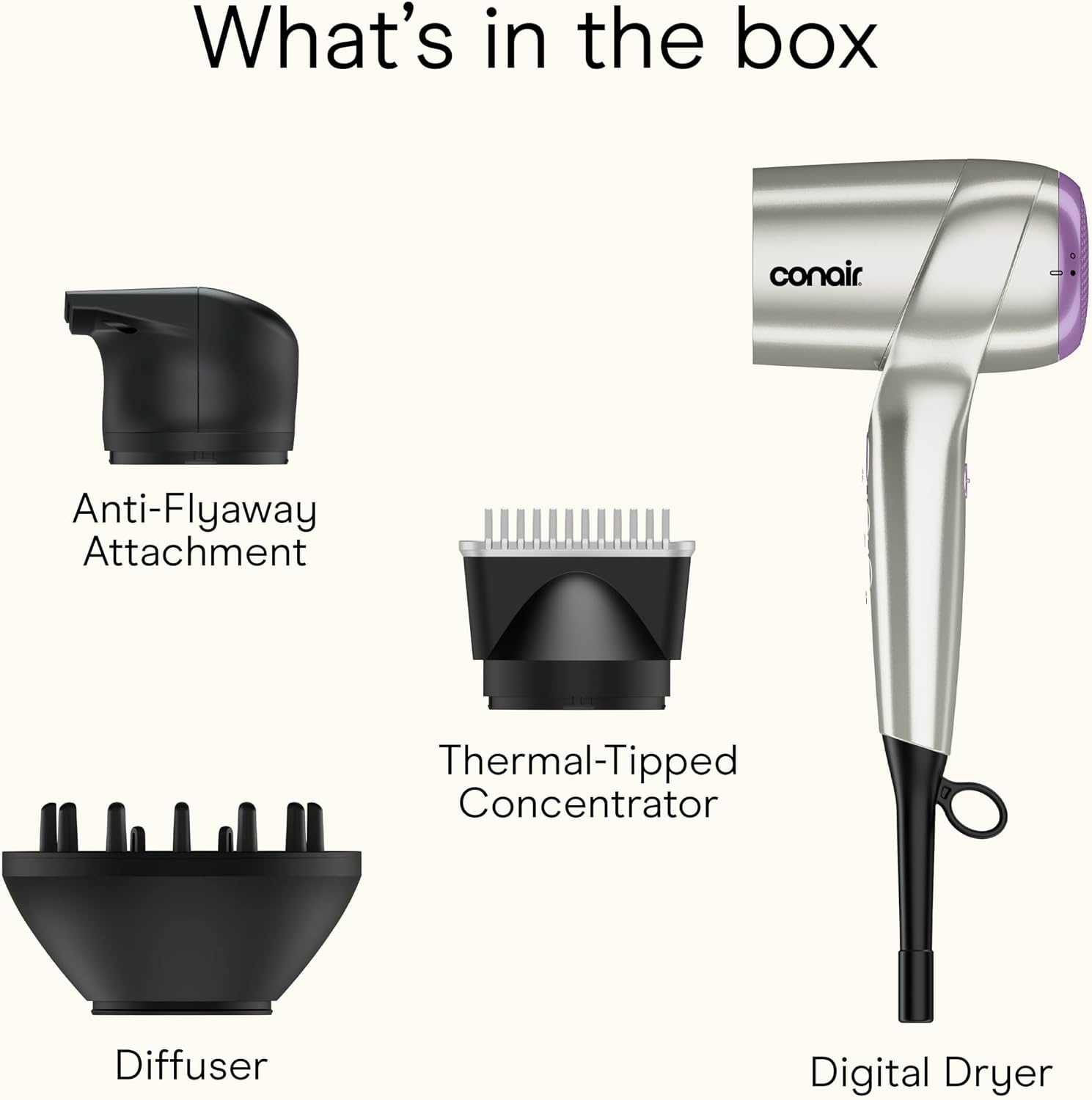 image:imageInfiniti PRO CONAIR Digital Hair Dryer Lightweight Ionic Blow Dryer wDiffuser for Reducing Frizz amp Defining Curls Includes Diffuser Thermal Concentrator AntiFlyaway Attachment Silver amp Purple