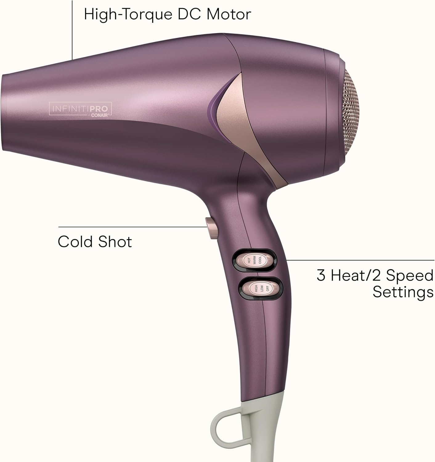 image:imageInfiniti PRO CONAIR Style amp Shine Hair Dryer with Diffuser and Concentrator 1875W Style amp Shine Blow Dryer with Tourmaline and Ionic Conditioning to Fight Frizz 3 Heat amp 2 Speed Settings PurplePurple